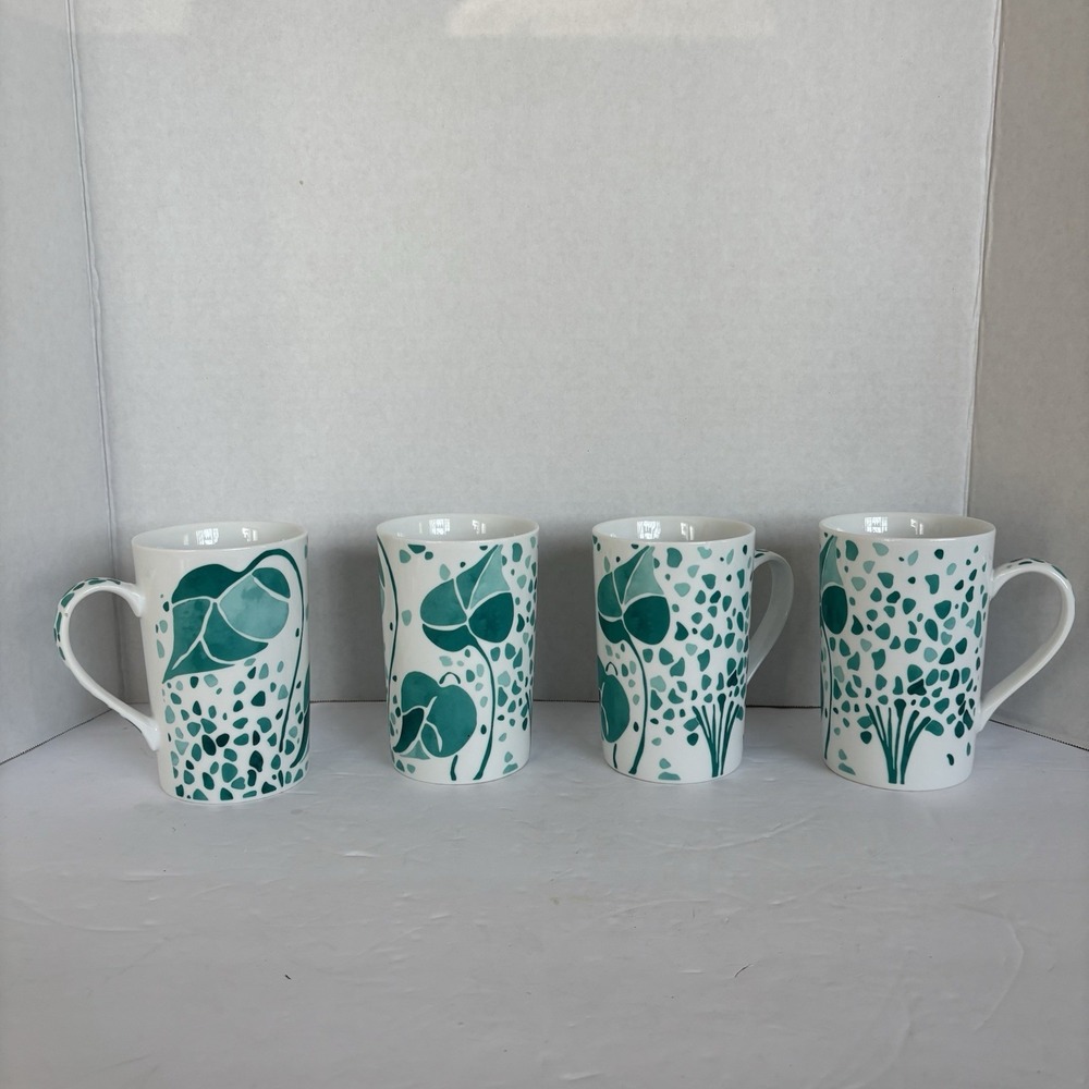 LULU DK Hydrangea Coffee Mug Cup Teal Color Set of 4 Made In China